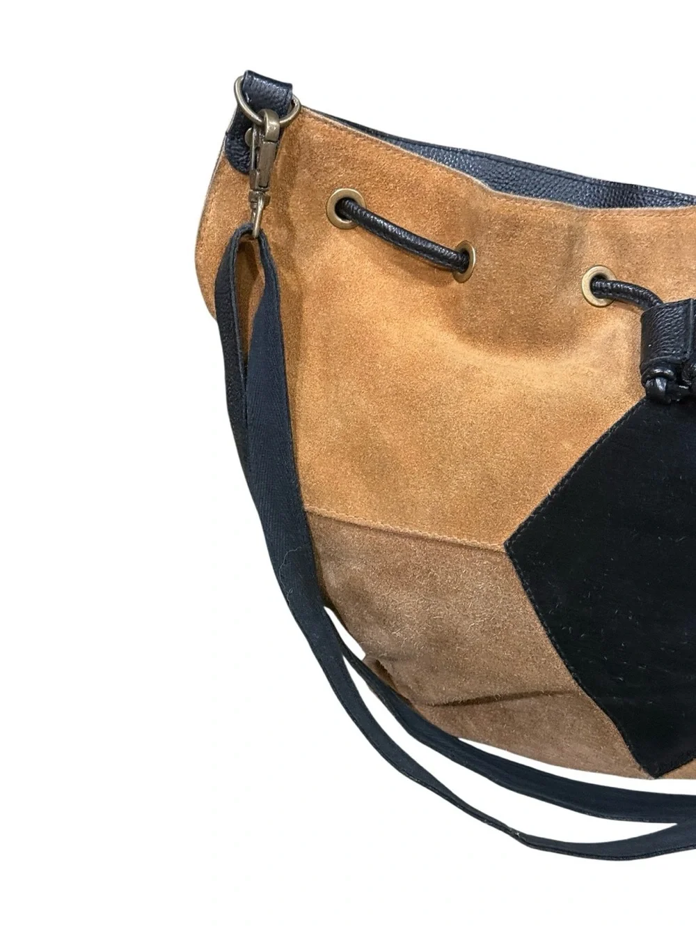 Free People Suede Patchwork Drawstring Hobo Bag Tan Black Boho